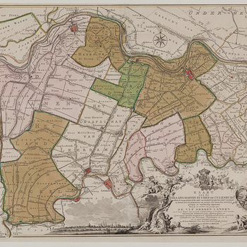 Kaart van de graafschappen Buren en Culemborg en omgeving, ingekleurde gravure vervaardigd door Jacob Perrenot en  Jacob Punt en uitgegeven door Covens en Mortier in 1761