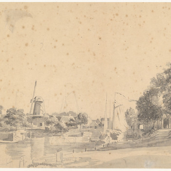 Aquarel, voorstellende de haven te Culemborg, vervaadigd door L.J. Hansen circa 1845