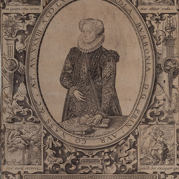 Gravure voorstellende Charlotte van Bourbon, gedateerd 1583.