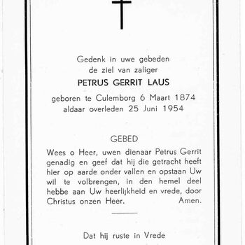 bidprent voor Petrus Gerrit Laus. Geboren 06-03-1874 te Culemborg. Overleden 25-06-1954 te Culemborg