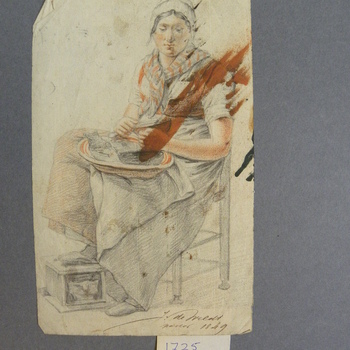 Potloodtekening voorstellende vrouw op stoel, gemaakt door J. de Weldt, 1849.