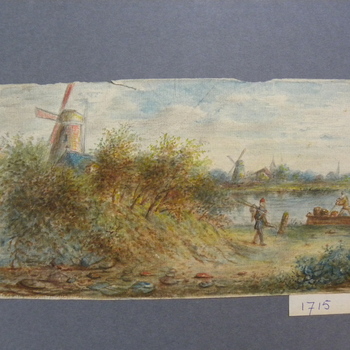 Aquarel voorstellende landschap met molens en boot bij rivier, ca. 1870.