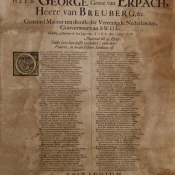 Lijkrede over de heer George Grave van Erbach, overleden 19/29 juni 1678, gedrukt door Lourens Hammius te Culemborg in 1678