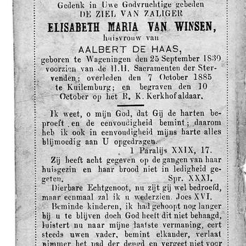 bidprent voor Elisabeth Maria van Winsen. Geboren 25-09-1830 te Wageningen. Overleden 07-10-1885 te Culemborg