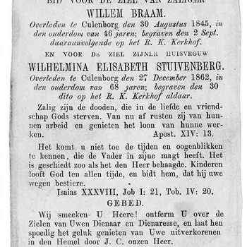 bidprent voor Willem Braam. Geboren 1799, overleden 30-08-1845 te Culemborg en Wilhelmina Elisabeth Stuivenberg. Geboren 1794, overleden 27-12-1862 te Culemborg