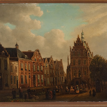 Schilderij, olieverf op paneel, voorstellende Gezicht op de Markt te Culemborg, door Ansmijn, 1850 - 1870