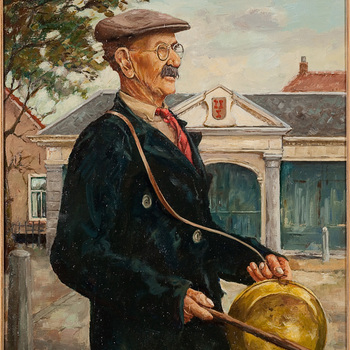 Portret, olieverf op doek, voorstellende stadsomroeper Manus van Empel te Culemborg, vervaardigd naar foto door Willem van Keulen, 1998/1999.