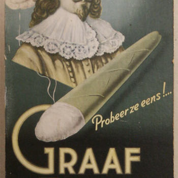 kartonnen reclamebord op houten voet Graaf Egbert Sigaren, geassocieerd met Dejaco sigarenfabriek, Culemborg circa 1920