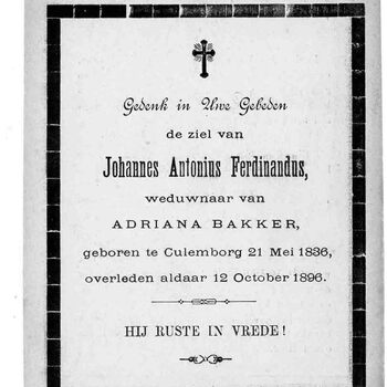 bidprent voor Johannes Antonius Ferdinandus. Geboren 21-05-1836 te Culemborg. Overleden 12-10-1896 te Culemborg