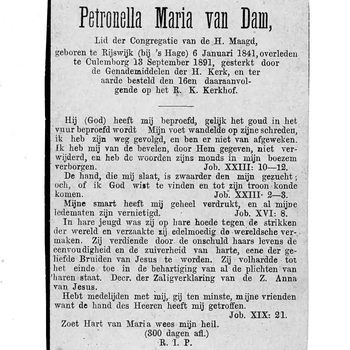 bidprent voor Petronella Maria van Dam. Geboren 06-01-1841 te Rijswijk. Overleden 13-09-1891 te Culemborg