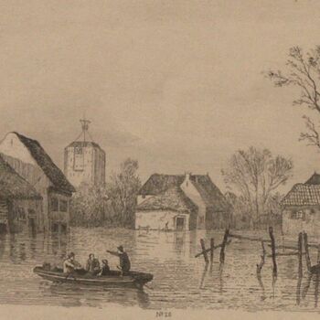 Gravure voorstellende Watersnood te Beesd in 1855, vervaardigd door W. Gruyter, 1855-1860