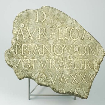 Afgietsel in gips van een fragment van de grafsteen van Aurelius uit Ulpia Noviomagus