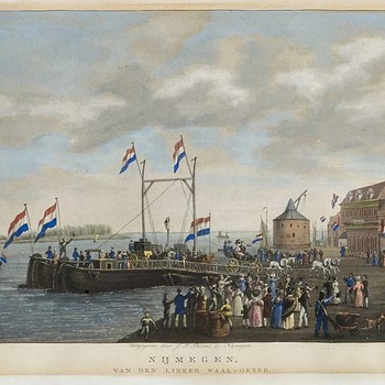 Aankomst van met vlaggen versierde gierpont aan de kade, Nijmegen 11 december 1831