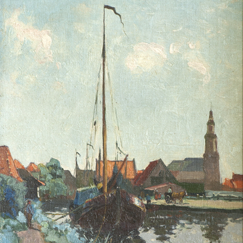 Schilderij met daarop de haven en de Grote Kerk van Nijkerk
