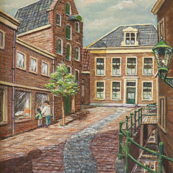Schilderij met daarop de Catharinastraat met de Brede Beek in Nijkerk, 1990