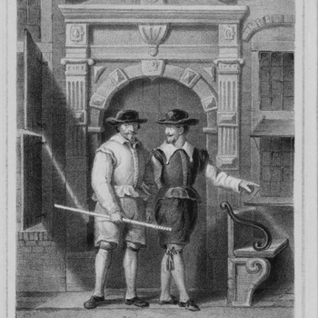 Hugo de Groot verkleed als metselaar, lithografie, 1840