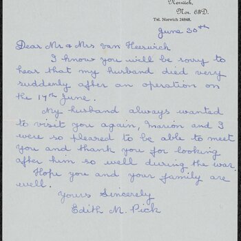 Briefje van Edith M. Pick aan Mr. & Mrs. van Heeswijk, d.d. 30th June.