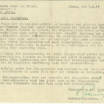 Brief van  Einsatzstab der NSDAP, Abschnitt 10 Stab Almen 1 maart 1945