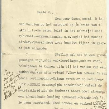 Briefje van de Hogere Burgerschool te Nijmegen voor W.H.M. Kersten  betreffende het zoeken naar een werkkring.