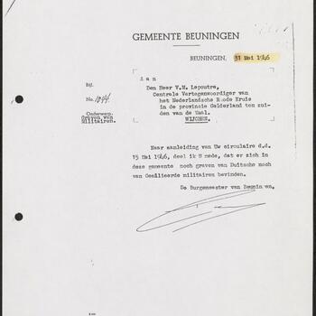 Brief van de Gemeente Beuningen,  31 mei 1946.
