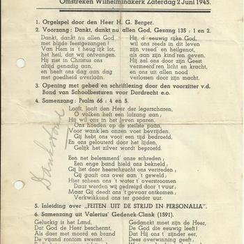 Dankstond voor het Christelijk Onderwijs voor Dordrecht en Omstreken Wilhelminakerk, Zaterdag 2 juni 1945