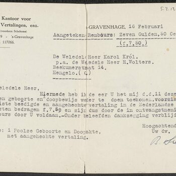 Brief van het Algemeen Kantoor Legalisatiën, Vertalingen, enz. aan Karol Krol betr. terugzending geboorte- en doopbewijs en beëedigde vertaling, d.d. 16 februari 1948