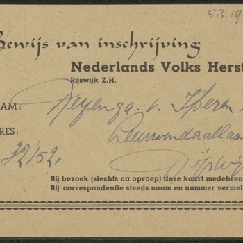 Bewijs van inschrijving van Nederlands Volks Herstel Rijswijk Z.H. op naam van M.J. Reyenga-v.Iperen
