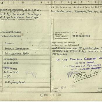 vrijstellingsverzoek Arbeitseinsatz  Petrus Theodorus Ermers te Beuningen geboren 29 augustus 1916