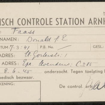 Geen bezwaar kaart,  Donald P.E. Faas, Medisch Controle Station Arnhem