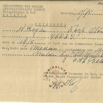 Departement van Marine, afd. Plaatselijke Dienst Batavia, reisorder voor korporaal A. Reijnen om op 18 mei 1948 naar Medan te vertrekken