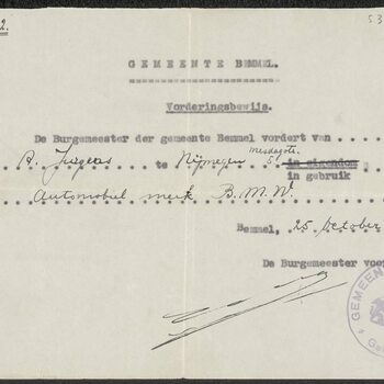 Vorderingsbewijs van de Gemeente Bemmel, op naam van A. Jurgens, van een auto, merk BMW, d.d. 25 oktober 1944