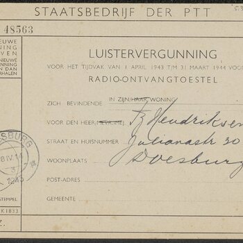 Luistervergunning voor het tijdvak van 1 april 1943 t/m 31 maart 1944 voor een radio-ontvangtoestel, op naam van Bernardus Hendriksen, Doesburg, 8-4-'43