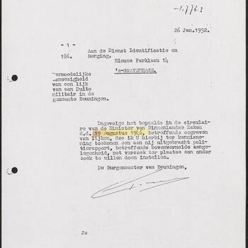 Brief van de Gemeente Beuningen,  26 januari 1952