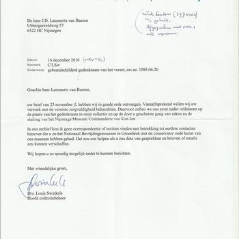 Brief van het Valkhof  Nijmegen aan  dhr J.D. Lammerts van Bueren te Nijmegen