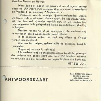 Hulpvereeniging "Blinden-Penning Amsterdam, verzoek tot medewerking aan onze straatcollecte  augustus 1940