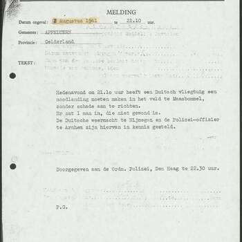 Proces-verbaal Politie Appeltern inzake noodlanding  van een Duitsch vliegtuig 02-08-1941.