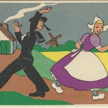 Greetings from Holland            jongen en meisje in klederdracht dansen , met op de achtergrond een huisje en een molen