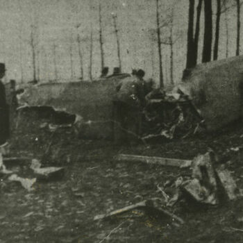 Foto van wrakstukken van vliegtuig in bos met mensen die er naar kijken. Tekst: "Wrakstukken van het te Roermond gevallen vliegtuig."