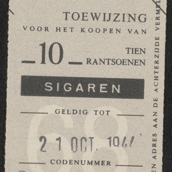 toewijzing 10 rantsoenen sigaren, geldig tot 21 oktober 1944