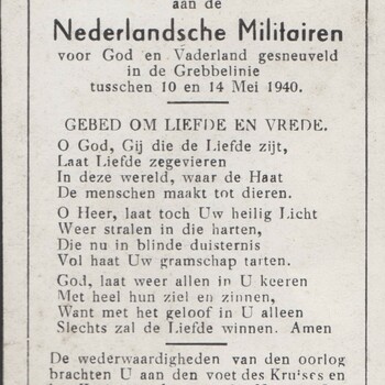 bidprentje Nederlandsche Militairen Gesneuveld Grebbeberg