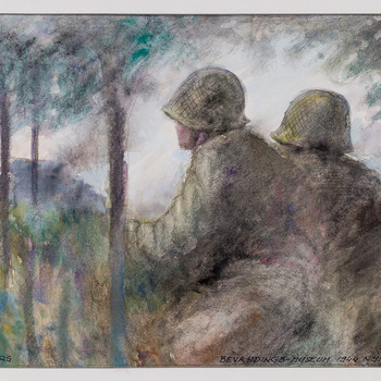 Amerikaanse soldaten verscholen in een bos.  Rijk van Nijmegen 1944
