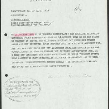 Telegram van LBD1940  's Gravenhage i.v.m. neerstorten van Engelsch vliegtuig bij Hummelo 28-10-1940.