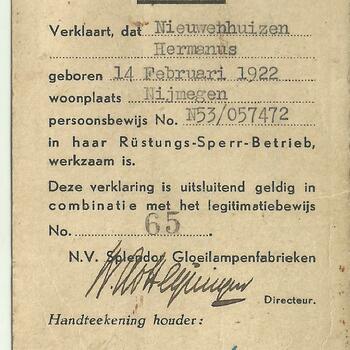 Verklaring van N.V. Splendor Gloeilampen fabrieken op naam van Nieuwenhuizen, Hermanus