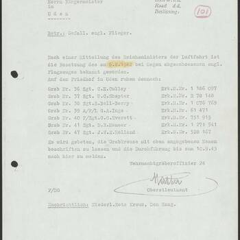 Bericht Wehrmachtgräberoffizier 24 aan Burgemeester Uden 11 augustus 1943.