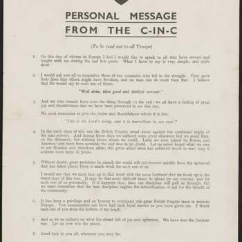 Brief van veldmaarschalk B.L. Montgomery aan zijn mannen bij het eind van de oorlog, mei 1945