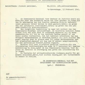 Brief van het Departement van Binnenlandsche Zaken betreffende : Joodsch personeel, no 51114 afd. Ambtenarenzaken. 's-Gravenhage, 15 februari 1941.