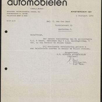 Brief van N.V. Minerva Automobielen Amsterdam