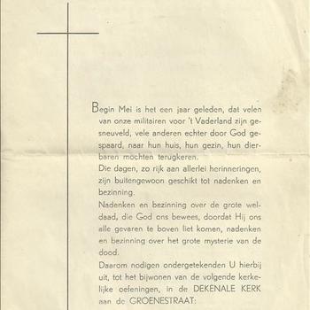 Aan de R.K. Oud-Gemobiliseerden der Stad Nijmegen, Uitnodiging tot het bijwonen van de volgende kerkelijke oefeningen in de Dekenale Kerk aan de Groenestraat.