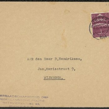 Envelop behorende bij 5.3.15498: Bewijs van lidmaatschap van de Kameraadschapsbond der Nederlandsche Politie, no 21568 op naam van B. Hendriksen