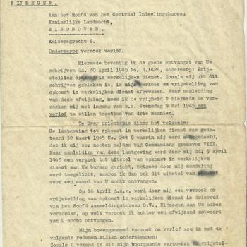Verzoek verlof aan het Hoofd van het Centraal-Indeelingsbureau 5 mei 1945